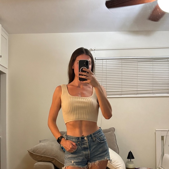 Cream Ribbed Knit Crop Top - Picture 3 of 4